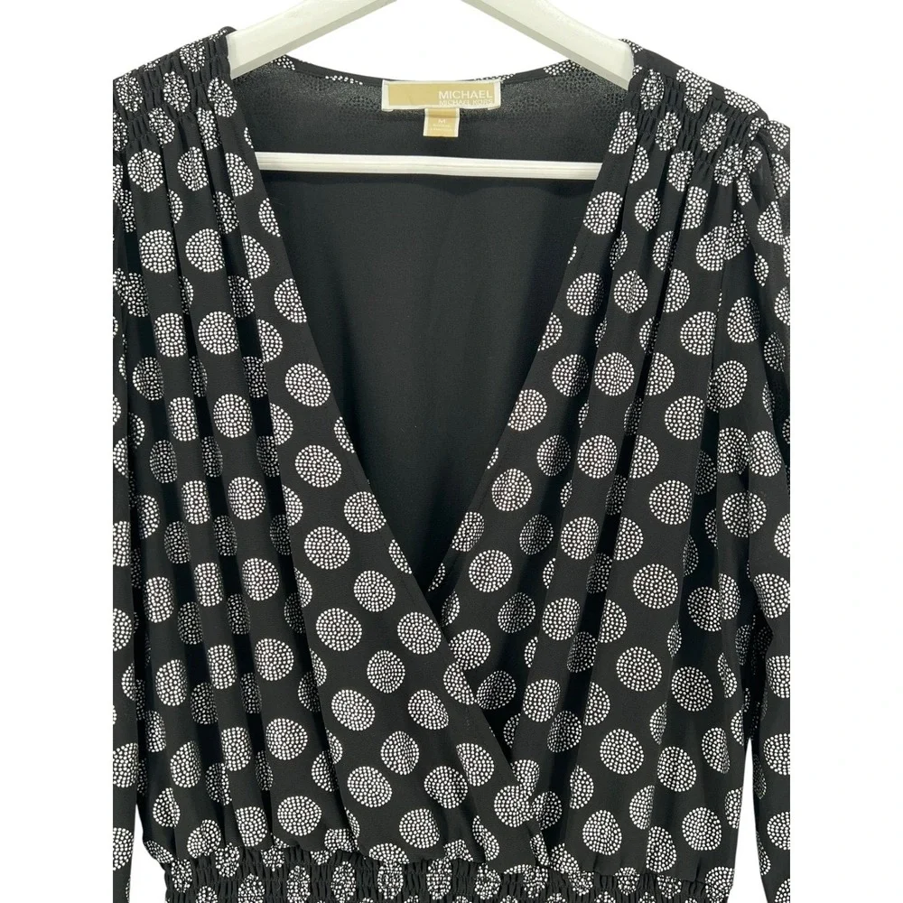 Michael Kors Dress Womens Medium Black Silver Polka Dot Smocked Ruffle Mini